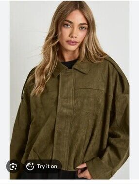 Oversized Faux Suede Bomber Jacket - Khaki